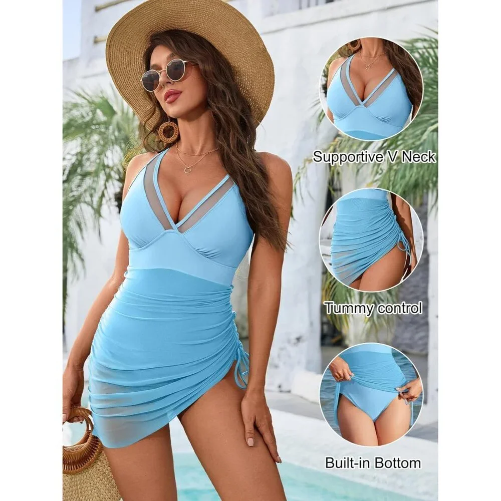 Women One Piece Swim Dress Tummy Control Mesh Sheer Sarong Bathing Suit